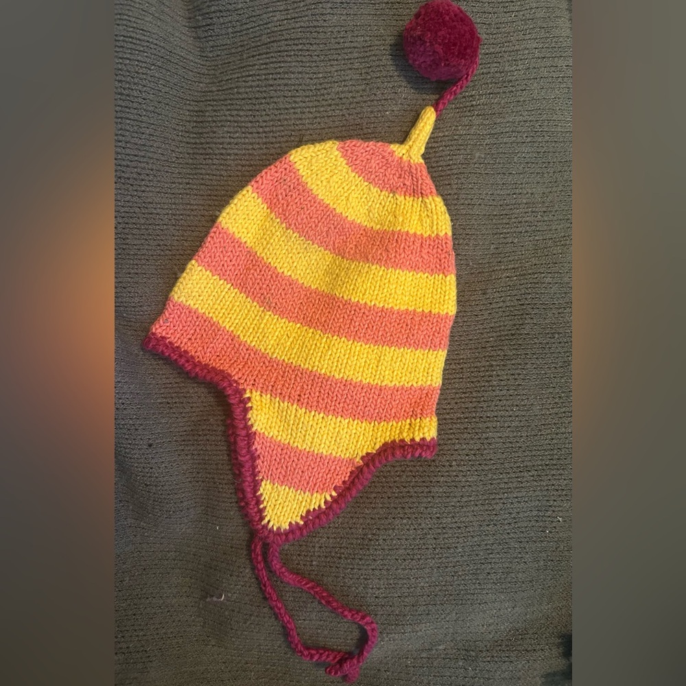Kiwi Industries Organic Knit Hat with Pom Pom Pink and Yellow Stripe